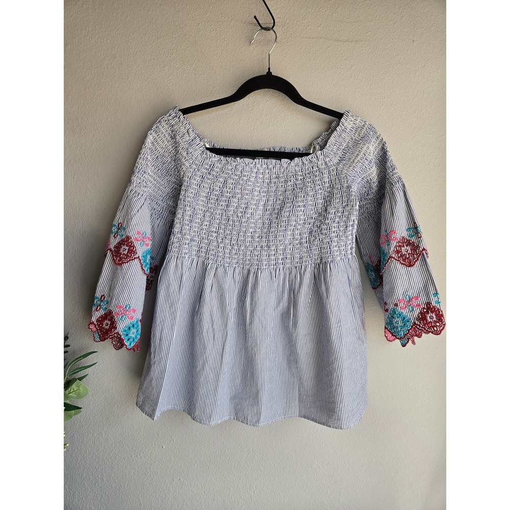 LOFT Boho Pinstripe Smocked‎ Off Shoulder Embroidered Bell Sleeve Top S